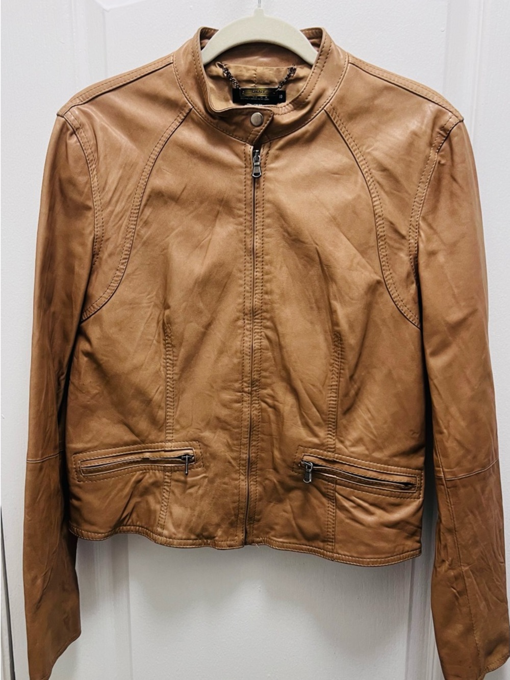 DKNY Cognac Leather Zip-Front Jacket